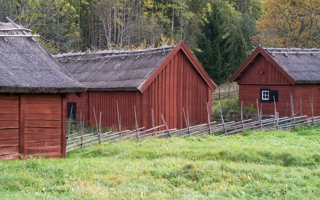 Tre hus som står på rad. Det är högt gräs vid husen.