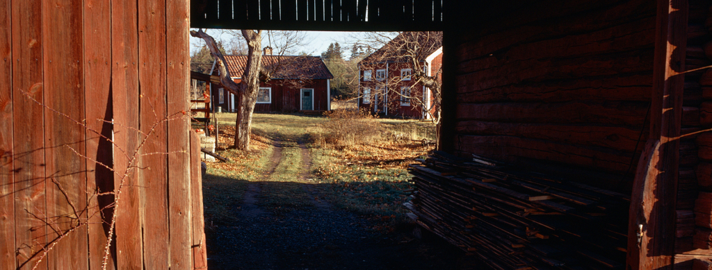 I gluggen av ett valv ser man en liten stuga som står i en trädgård.