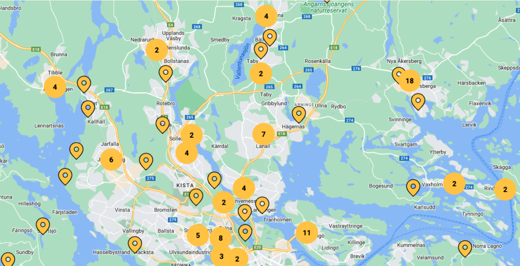 Karta med olika besöksmål utplacerade som nålar