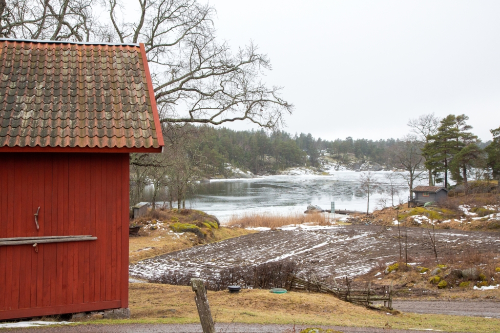 Röd stuga med fält och havsvik i bakgrunden.