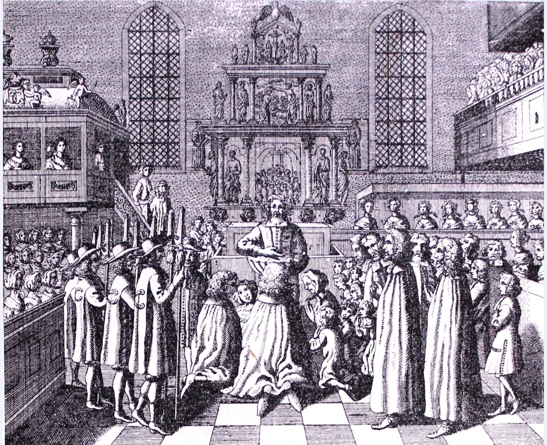 Tecknad bild som visar en folkmassa inne i en kyrka. Fem människor står på knä i mitten, en präst ger dem något.
